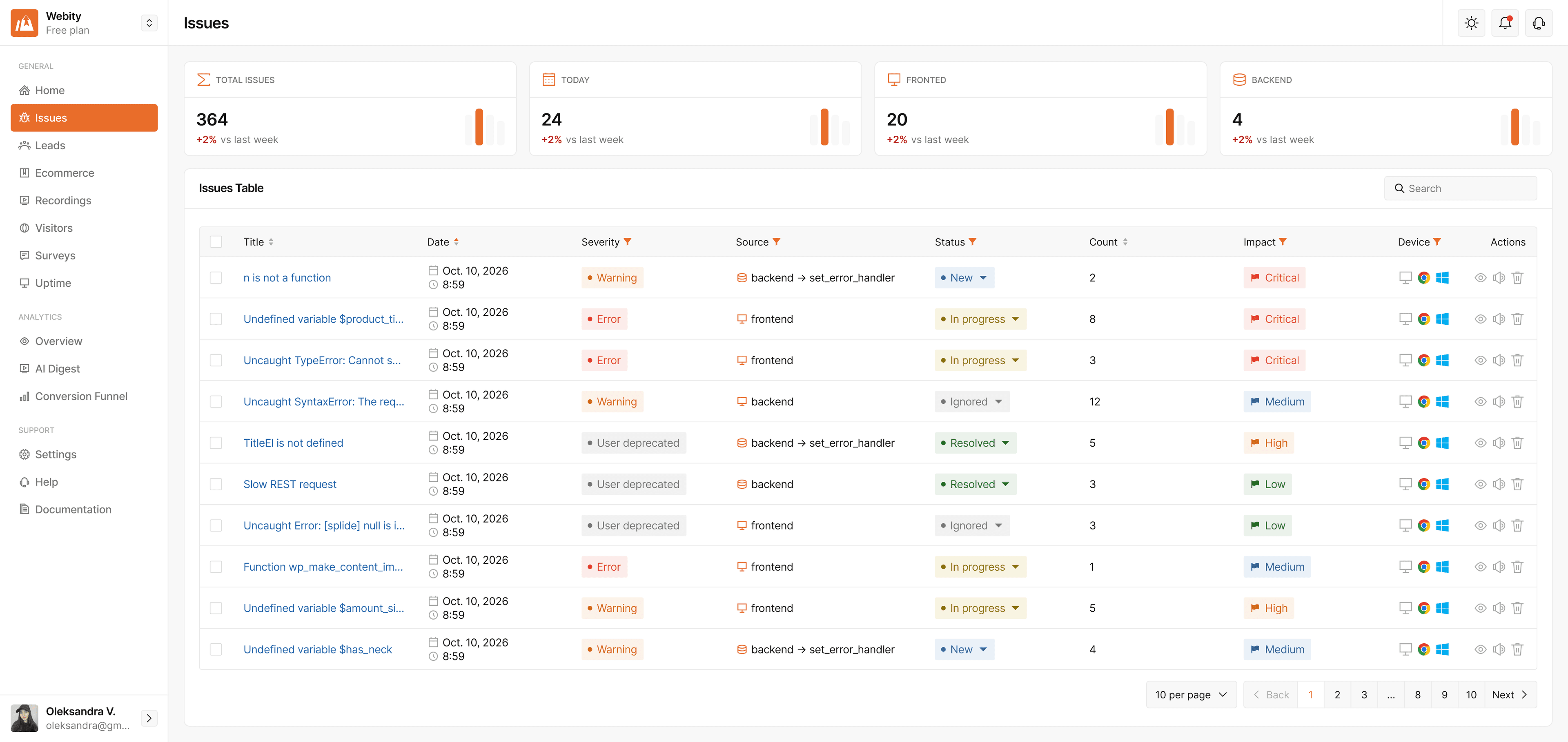 StorePilot Issues screen: JavaScript and PHP errors with severity, status, impact and affected devices